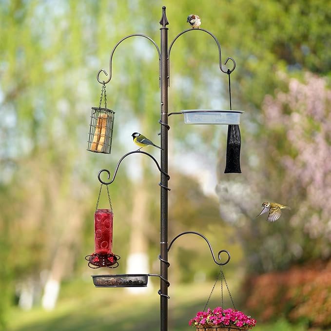 ERYTLLY Bird Feeding Station Kit Bird Feeder Poles,Premium Multi Feeder Hanging Kit with Suet Cage and Bird Bath Bird Food Finch Sock for Attracting Wild Birds and Plants,Baskets,Lanterns,Wind Chimes-VerdiqueGarden