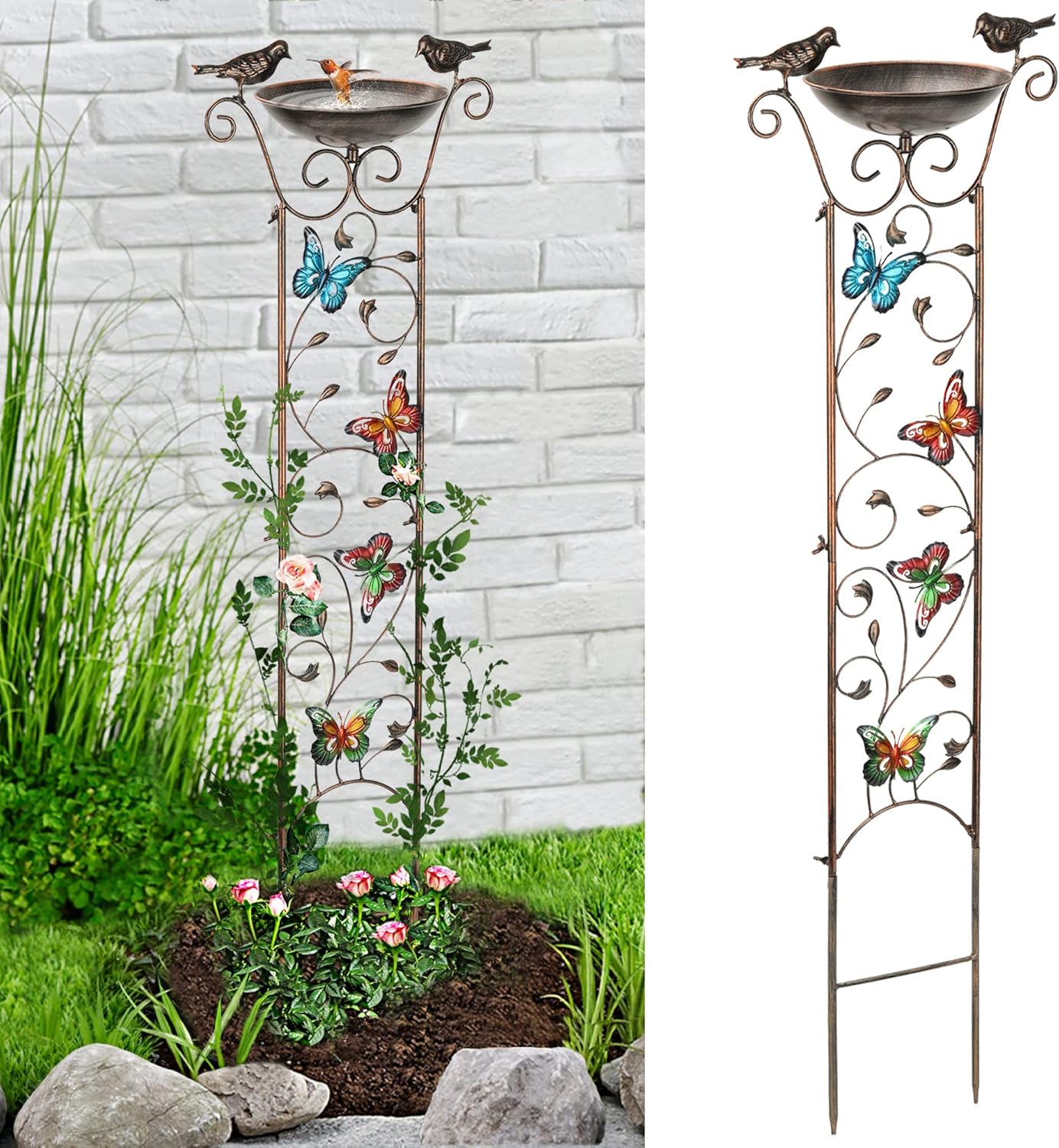LEWIS&WAYNE Garden Trellis Bird Bath Outdoor, 40 Inch Antique Iron Garden Plant Trellis Decorative with Butterflies and Detachable Drinking Basin Bowl, Free Standing BirdBath Birdfeeder Station-VerdiqueGarden