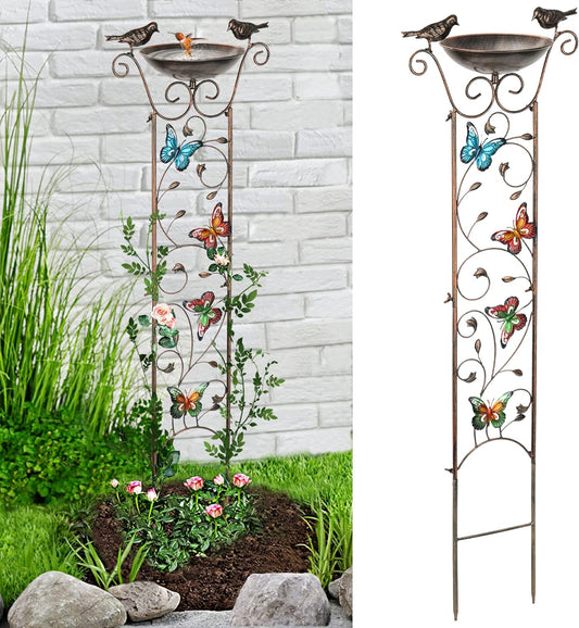 LEWIS&WAYNE Garden Trellis Bird Bath Outdoor, 40 Inch Antique Iron Garden Plant Trellis Decorative with Butterflies and Detachable Drinking Basin Bowl, Free Standing BirdBath Birdfeeder Station-VerdiqueGarden