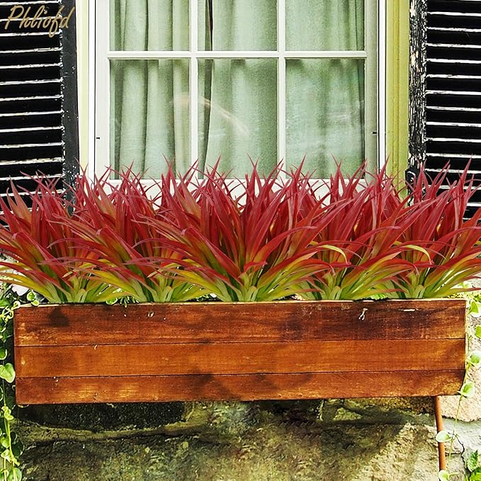 6Pcs Artificial Grass Fake Plants 17.3in Outdoor Plants UV Resistant Greenery Stems Fake Grass for Home Window Garden Office Patio Pathway Front Porch Christmas Décor Light Green & Red-VerdiqueGarden