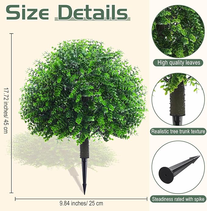 Yunlly 10 Pcs 18 Inch Artificial Boxwood Ball Topiary Tree Fake Outdoor Plants Bush, UV Resistance Faux Shrubs with Spike Realistic Greenery Potted for Indoor Garden Yard Porch Patio Decor (Green)-VerdiqueGarden