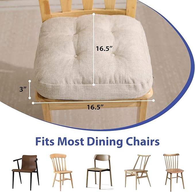 Chair Cushions for Dining Chairs, Dining Chair Cushions, Tufted Indoor Chair Pads with Ties & Non Slip Backing, Seat Cushions for Kitchen Chairs 16.5” x 16.5” x 3.5”, Set of 2, Beige-VerdiqueGarden