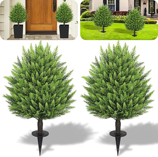 31" Artificial Cedar Topiary Ball Trees with Ground Spike,2 Pack Fake Pine Shrubs Bushes, UV Resistant Faux Evergreen Cypress Tree Plants for Indoor Outdoor Planters Front Porch Garden Decor-VerdiqueGarden