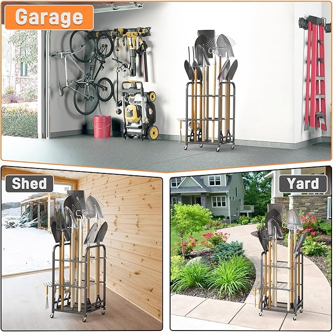 TORACK Garden Tool Organizer Stand with Wheels, Rakes Shovels Yard Tools Stand for Garage, Shed, Garden, Indoor/Outdoor Long-Handled Tools Cart-VerdiqueGarden