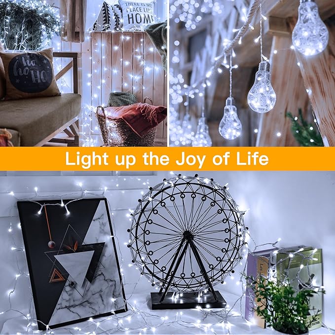 Ollny Outdoor String Lights 200LED 60FT, Cool White Connectable Plug in Fairy Light, 8 Modes Waterproof Timer Christmas Lights for Indoor Outside Bedroom House Party Wedding-VerdiqueGarden