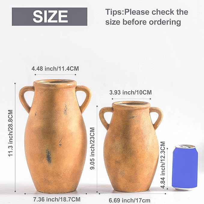 Large Ceramic Flower Vase,11.3 inch Terracotta Vase with 2 Handles, Rustic Farmhouse Vases, Decorative Pottery Flower Vases for Home Decor, Living Room Shelf Decor, Table-VerdiqueGarden