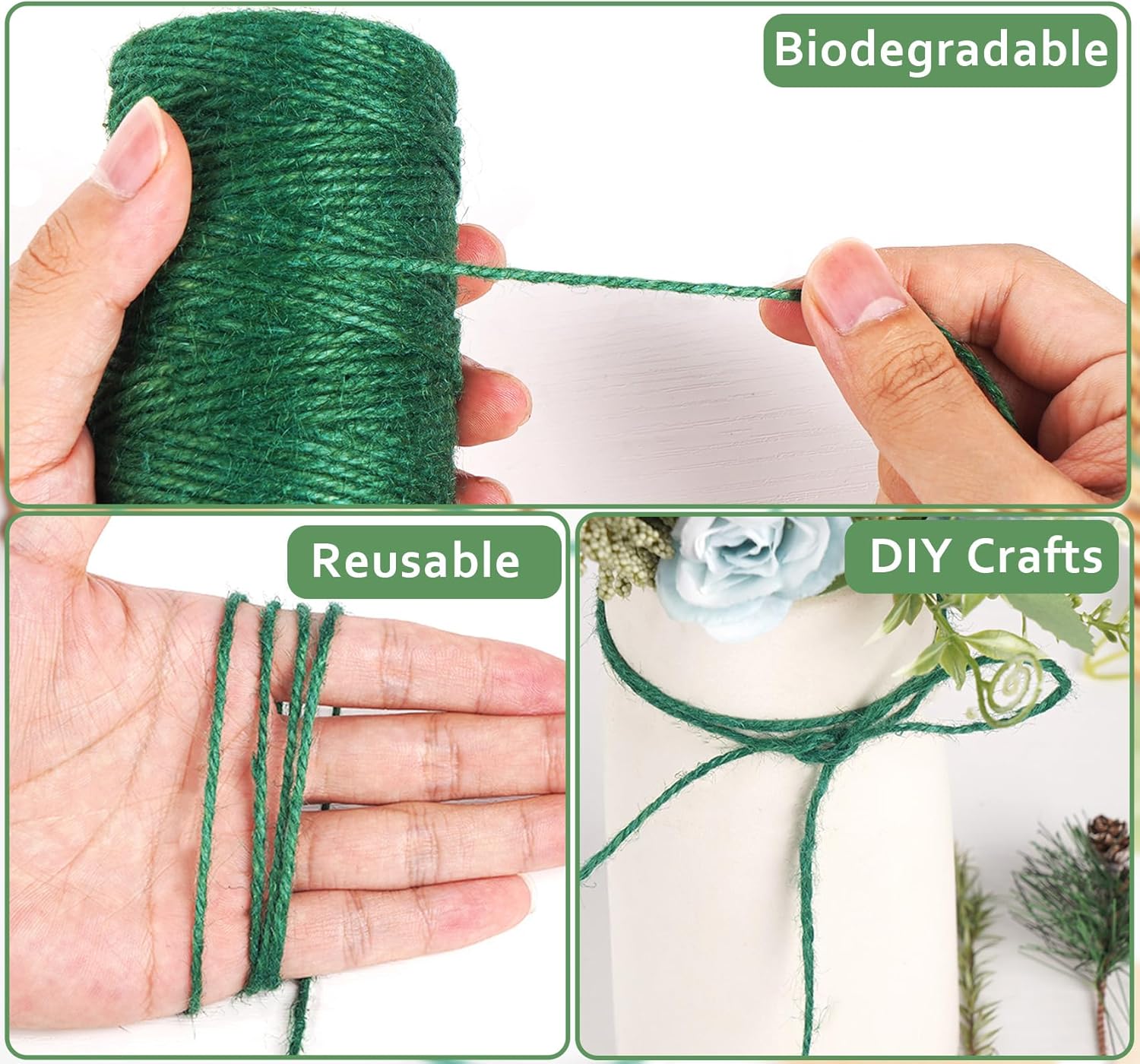 Garden Twine, 394 Feet 2mm Jute Twine,Baling Plant String,Gardening Jute for Climbing Plants,Tomatoes, Crafting Floristry 120-meter Green Hemp Rope, 2mm-VerdiqueGarden