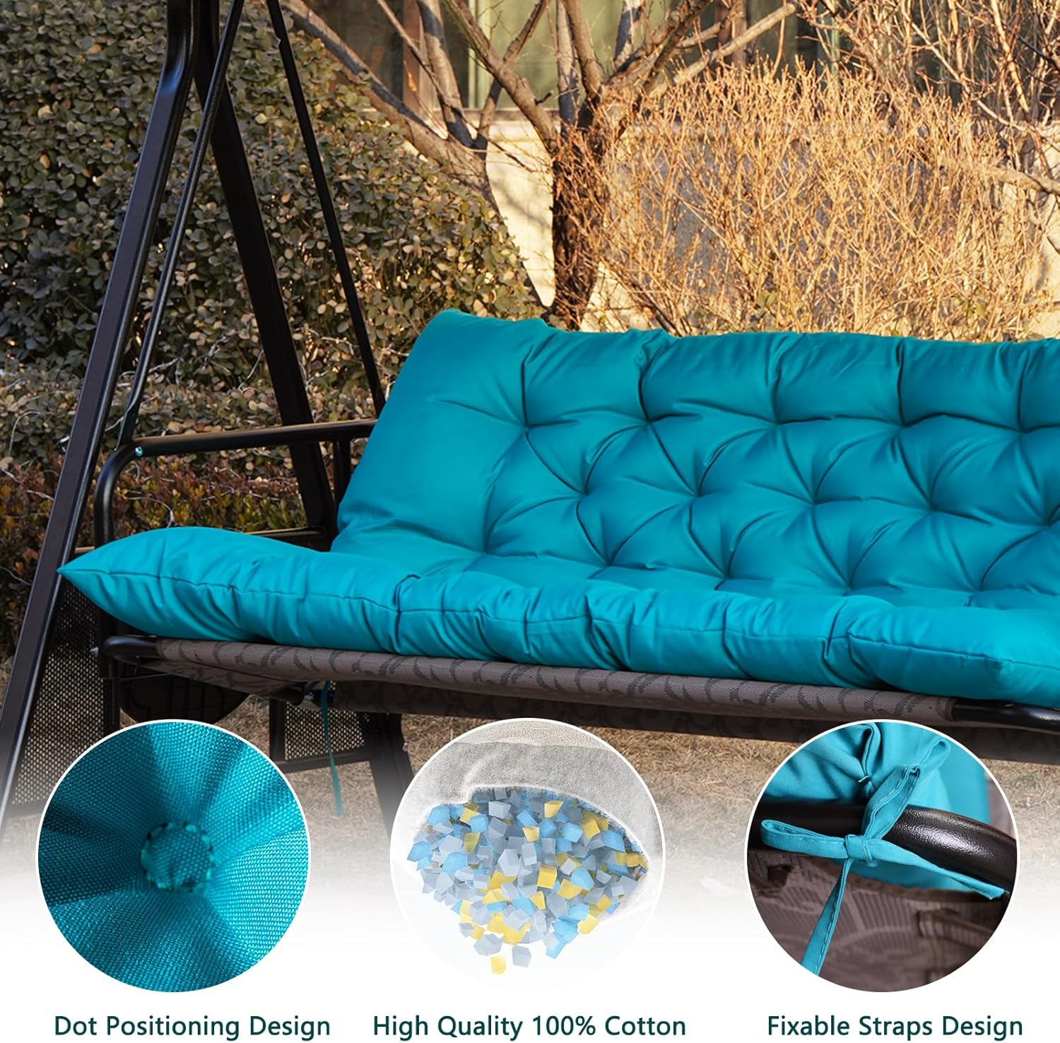 Outdoor Swing Cushions,Waterproof Swing Cushions 3 Seater Replacement with Backrest,Outdoor Thickened Bench Cushion with Ties for Porch,Patio,Backyard,Garden (Lake Blue 60 * 40 in)-VerdiqueGarden