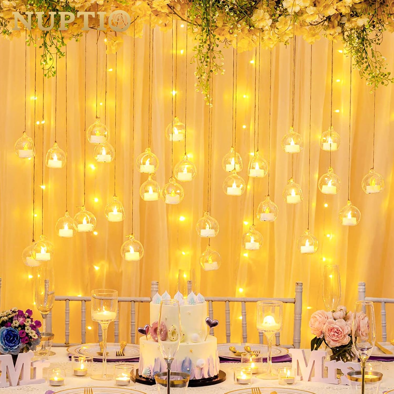 NUPTIO Mini Hanging Glass Tealight Globe Candle Holder with LED Candle, 2.36 Inches Diameter, Wedding Party Tree Decoration (36 Pcs)-VerdiqueGarden