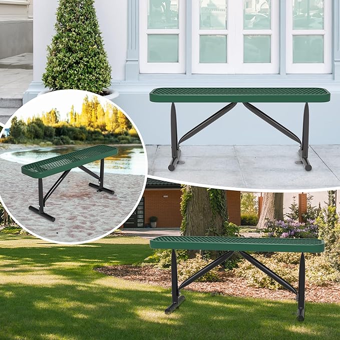 48" L Outdoor Steel Flat Bench, Heavy Duty Metal Park Bench for Outside, Expanded Metal, Commercial Benches Mesh Bench for Shopping Mall, Store, Lawn, Park, Patio, Deck, Garden (Green, 4FT)-VerdiqueGarden