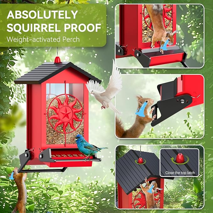 Squirrel Proof Bird Feeders for Outdoors, 5LBS Large Capacity Metal Wild Bird Feeder with Bilateral Weight-Activated Perches, Anti Squirrel Bird Feeders for Outside Finch, Cardinal, Blue Jay-VerdiqueGarden
