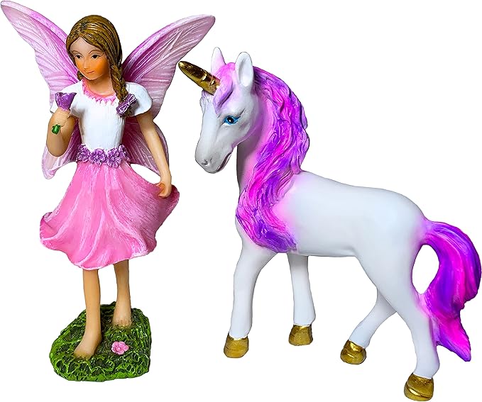 Mood Lab Fairy Garden - Fairy with Unicorn Set of 2 pcs - Miniature Figurines Statue Kit - Outdoor or House Decor-VerdiqueGarden