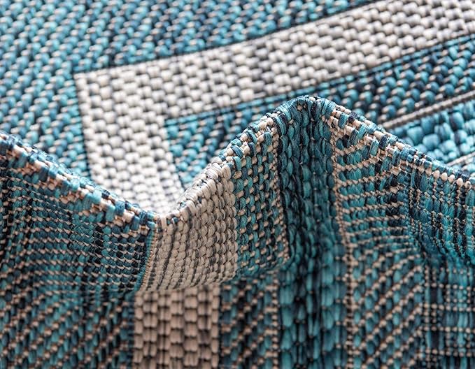 Unique Loom Outdoor Border Collection Area Rug - Soft Border (8'x 11' 4" Rectangle, Teal/ Ivory)-VerdiqueGarden