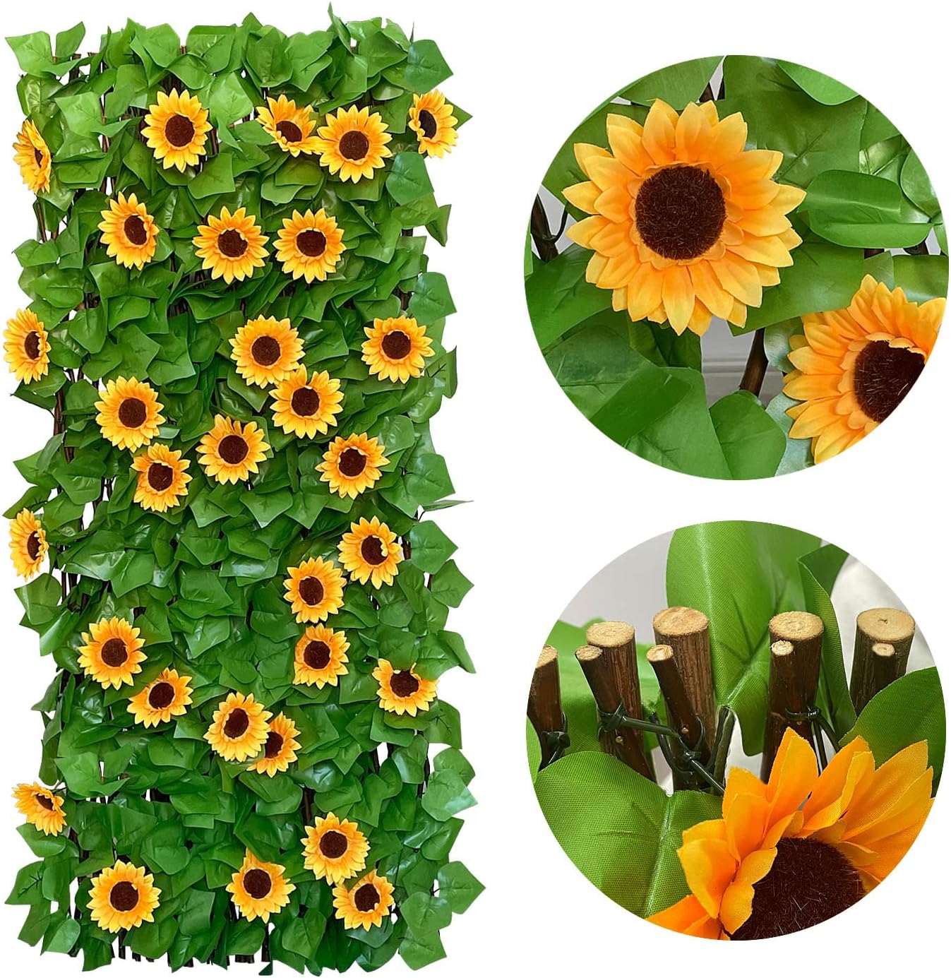 Expandable Fence Privacy Screen for Balcony Patio Outdoor,Decorative Faux Ivy Fencing Panel,Artificial Hedges (Single Sided Leaves) (2, Sunflowers)-VerdiqueGarden
