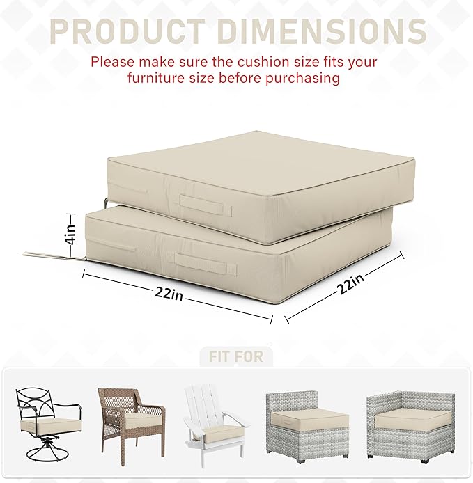 Patio Chair Cushions 22 X 22 X 4 Inch Waterproof Outdoor Seat Cushions for Patio Furniture, Outdoor Sofa Couch Pads with Ties & Handle, Set of 2, Cream-VerdiqueGarden
