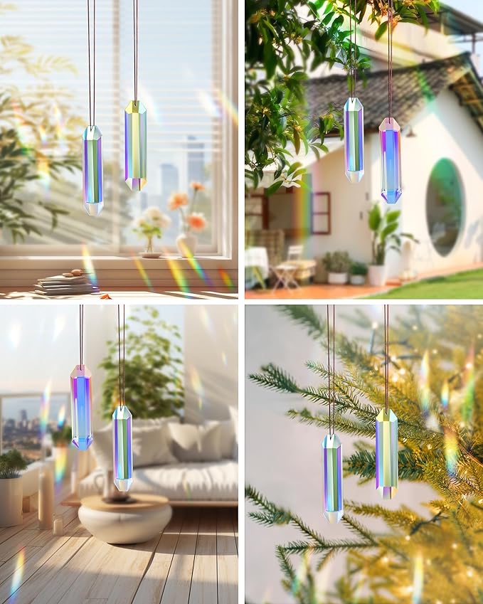 2 Pack Crystal Suncatcher, Hanging Sun Catcher Prism with String Suncatchers for Windows, Room, Outdoor, Car Mirror Garden Decor-VerdiqueGarden