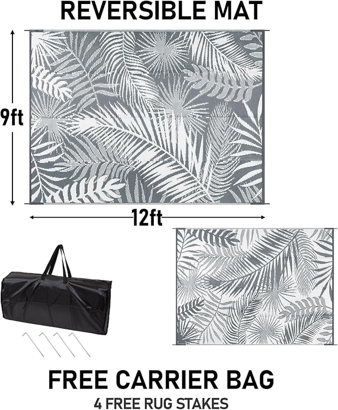 HiiARug Outdoor Reversible Plastic Straw Rug, 9'x12', Cool Gray, Large Patio Mat for RV, Backyard, Deck, Picnic, Beach, Trailer, Camping-VerdiqueGarden