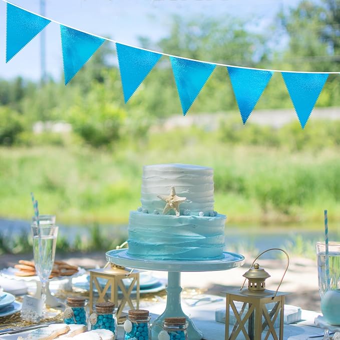 Sky Blue Party Decorations - Light Blue Triangle Pennant Banner Flag - Metallic Fabric Bunting for Graduation, Wedding, Retirement, Birthday, Under The Sea, Nautical, Ahoy, Party Decor Supplies-VerdiqueGarden