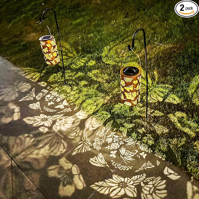 2 Pack Butterfly Solar Gardening Gifts Lanterns Decorative Outdoor, Flower Pattern Solar Hanging Lights Waterproof, Garden Decor Gifts for Women Mom Grandma, Yard Gifts for Patio, Pathway-VerdiqueGarden