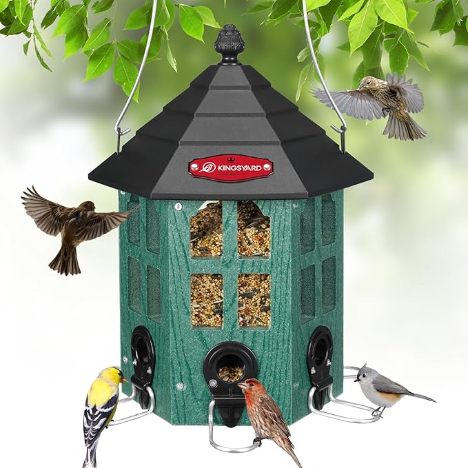 Kingsyard Wild Bird Feeder for Outdoor Hanging, Recycled Plastic Bird Feeders with 6 Ports & U-Shape Perch, Garden Yard Outside Decoration, 3.5 lbs Seed Capacity, Green-VerdiqueGarden