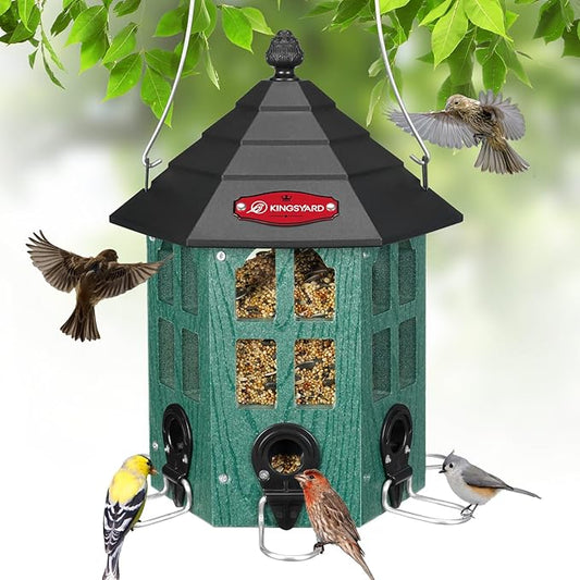 Kingsyard Wild Bird Feeder for Outdoor Hanging, Recycled Plastic Bird Feeders with 6 Ports & U-Shape Perch, Garden Yard Outside Decoration, 3.5 lbs Seed Capacity, Green-VerdiqueGarden