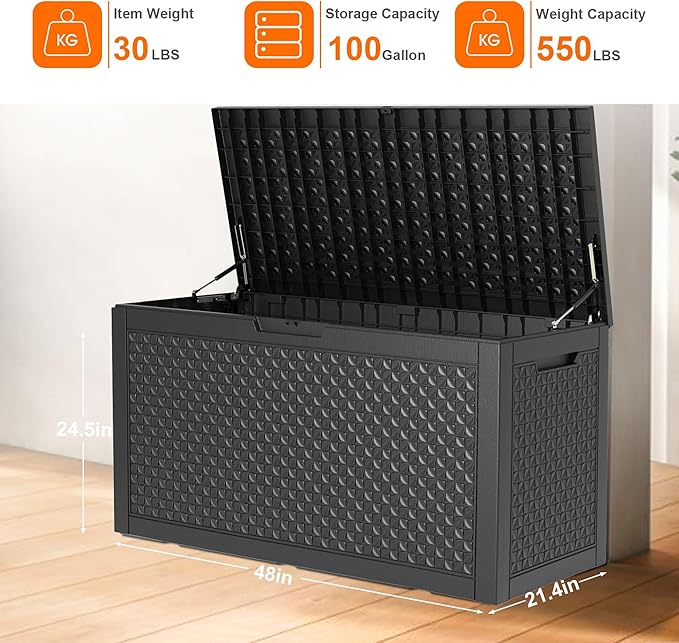 100 Gallon Resin Deck Box, Lockable Patio Outdoor Storage Box for Furniture, Garden Tools and Tools Storage, Waterproof Outside Storage Boxes - Patterned black-VerdiqueGarden