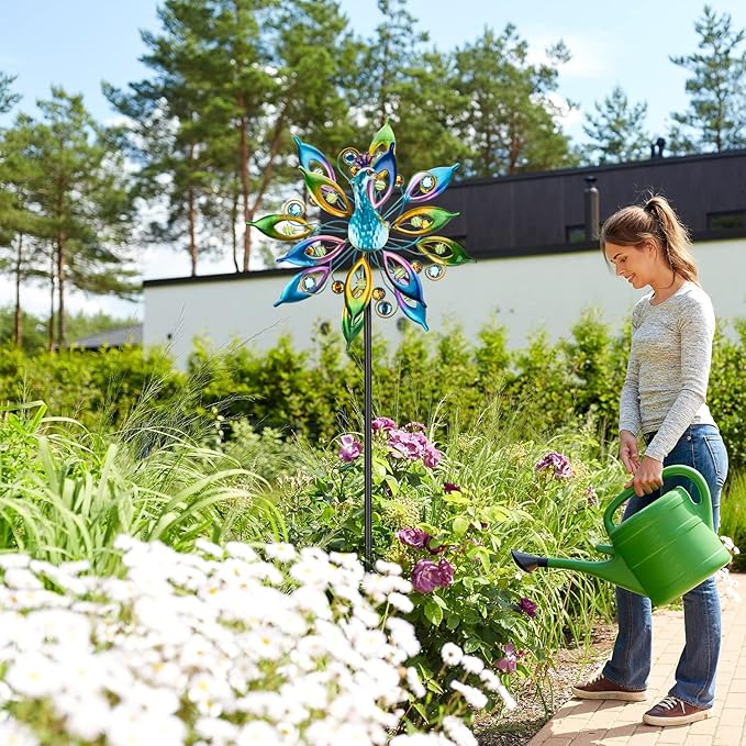 DREAMYSOUL 15.7" D*65”H Metal Peacock Wind Spinners Double Sided Kinetic Wind Sculptures Outdoor Metal Windmill for Garden Yard Decor-VerdiqueGarden