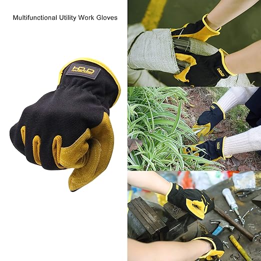 HLDD HANDLANDY 2 Pairs Leather Gardening Gloves for Men, Utility Work Gloves for Gardening, Yardwork, Construction, Mechanics, Great Garden Gifts for Men Women-VerdiqueGarden