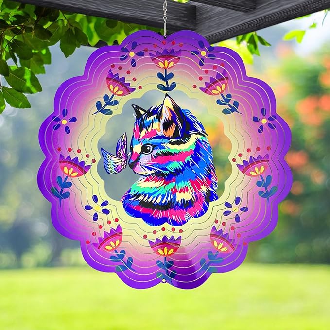 Cat Wind Spinners 3D Hanging Wind Spinner Cat Ornament Gifts for Women Mom Grandma,12inch Metal Wind Kinetic Sculpture for Outdoor&Indoor Decor, Yard Art, Garden Decoration-VerdiqueGarden