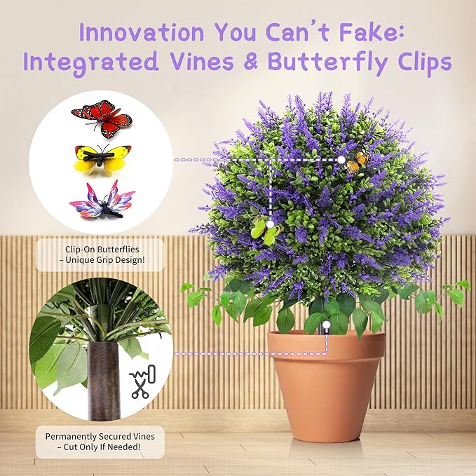 28" Artificial Boxwood Topiary Ball with Lavender, UV Resistant Topiary Tree Faux Boxwood Ball Shaped Porch Bushes with Ground Spike Artificial Bushes for Outdoors Front Door Decor Home Garden-VerdiqueGarden