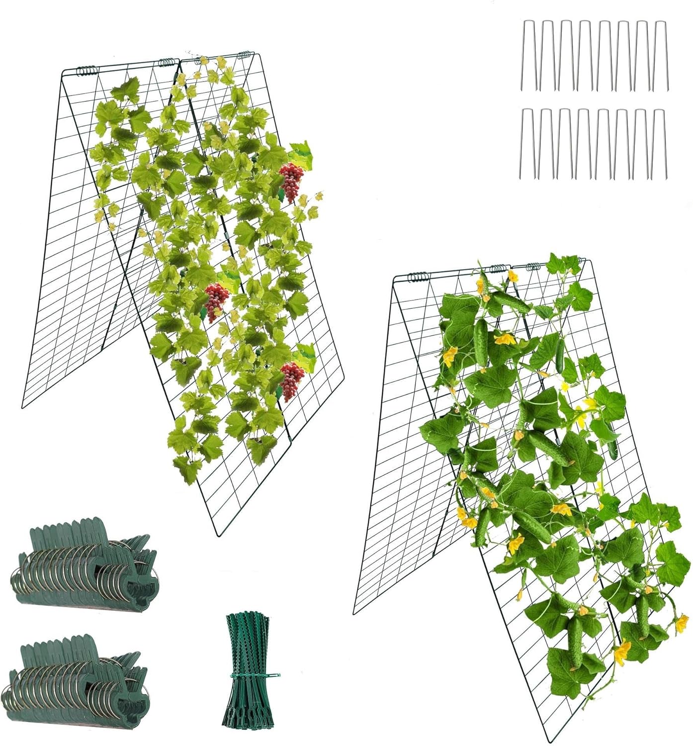 Garden Cucumber Trellis A-Frame Folding Plant Trellis 48 Inch by 34 Inch for Climbing Vegetables Flowers Green 2 Pack with Clips,Cable Ties and Ground Stakes-VerdiqueGarden