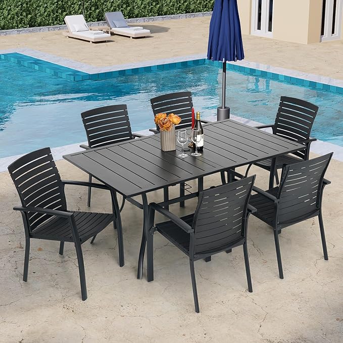 Outdoor Patio Table for 6 Person, Patio Dining Rectangle Table with 1.57" Umbrella Hole for Garden Lawn Backyard Parties, Black Metal Frame 63" L x 38" W x 28" H-VerdiqueGarden