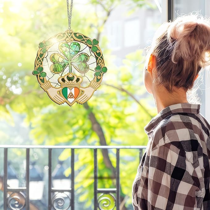 FLAGWIX Irish Gifts for Women, Men - Christmas, Birthday Gifts for Women, St Patricks Day, Shamrock Decorations, Good Luck Gifts, Claddagh, Celtic Home Decor - Window Suncatcher Hanging Decorations-VerdiqueGarden