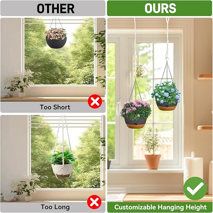 10 Inch Hanging Planters for Indoor & Outdoor Plants (2 Pack) - Self-Watering & Drainage Flower Pots with 2 Kinds of Plant Hangers for Home Decor & Garden (Deep Gray, 10 in)-VerdiqueGarden