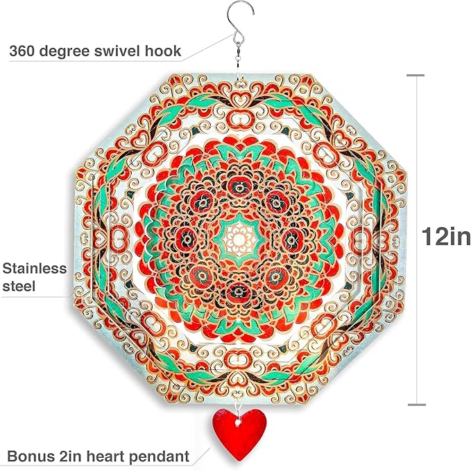 Wind Spinner Mandala Mystique 12 inches – 3D Stainless Steel – Laser Cut Metal Art Geometric Pattern - Hanging Wind Spinner, Kinetic Yard Art Decorations - Indoor/Outdoor Decor-VerdiqueGarden