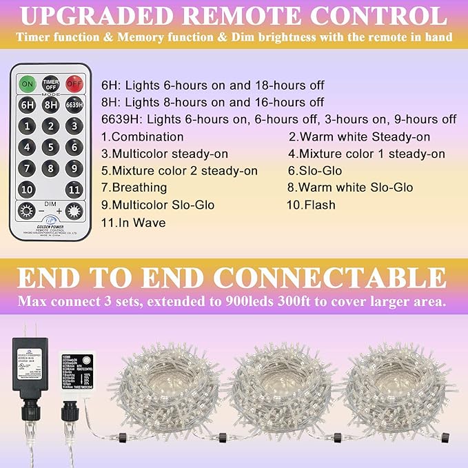 Decute 300LED Christmas Tree String Lights Outdoor Indoor 108FT Extendable, 11 Modes 4 Colors Changing Twinkle Fairy Lights with Timer Remote for Party Decor, Warm White & 3 Multicolors-VerdiqueGarden