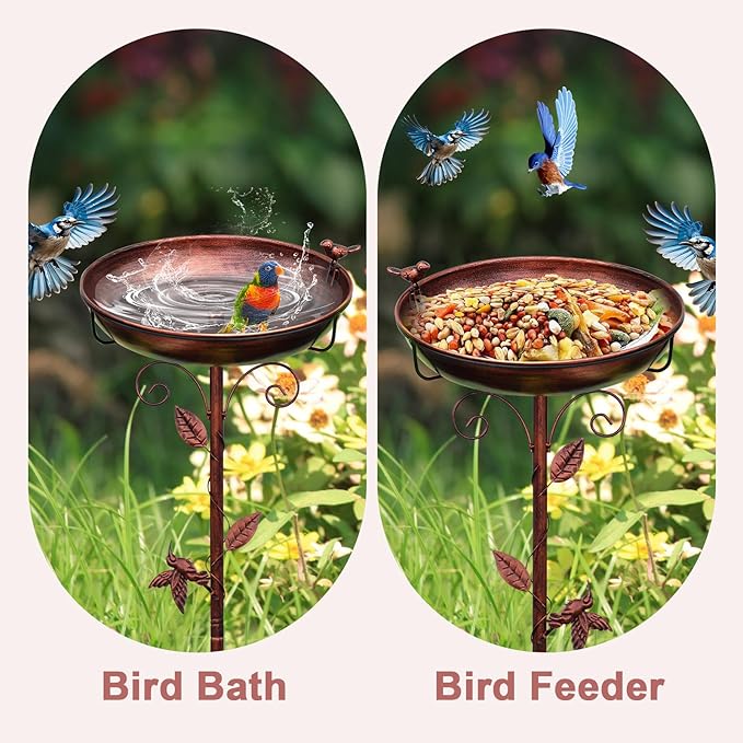 Metal Bird Bath for Outside with 2 Bird Decor, Hummingbird on Pole & Sparrow on Bowl, 38.5 Inch Height Garden Birdbath, 12 Inch Antique Bronze Freestanding Birdfeeder Bath for Yard Patio-VerdiqueGarden