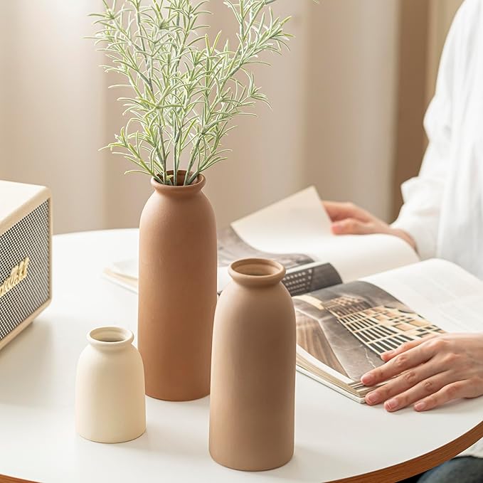 Ceramic Vase Set-3, Small Flower Vases for Decor, Modern Boho Farmhouse Style, Decorative Vases for Pampas Grass & Dried Flowers, Distressed Finish (Earth Tone)-VerdiqueGarden