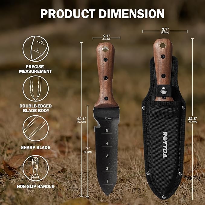 Hori Hori Garden Knife, Garden Tools with Sheath for Weeding,Planting,Digging, 7" Stainless Steel Blade with Cutting Edge, Full-Tang walnut Wood Handle with Hanging Hole-VerdiqueGarden