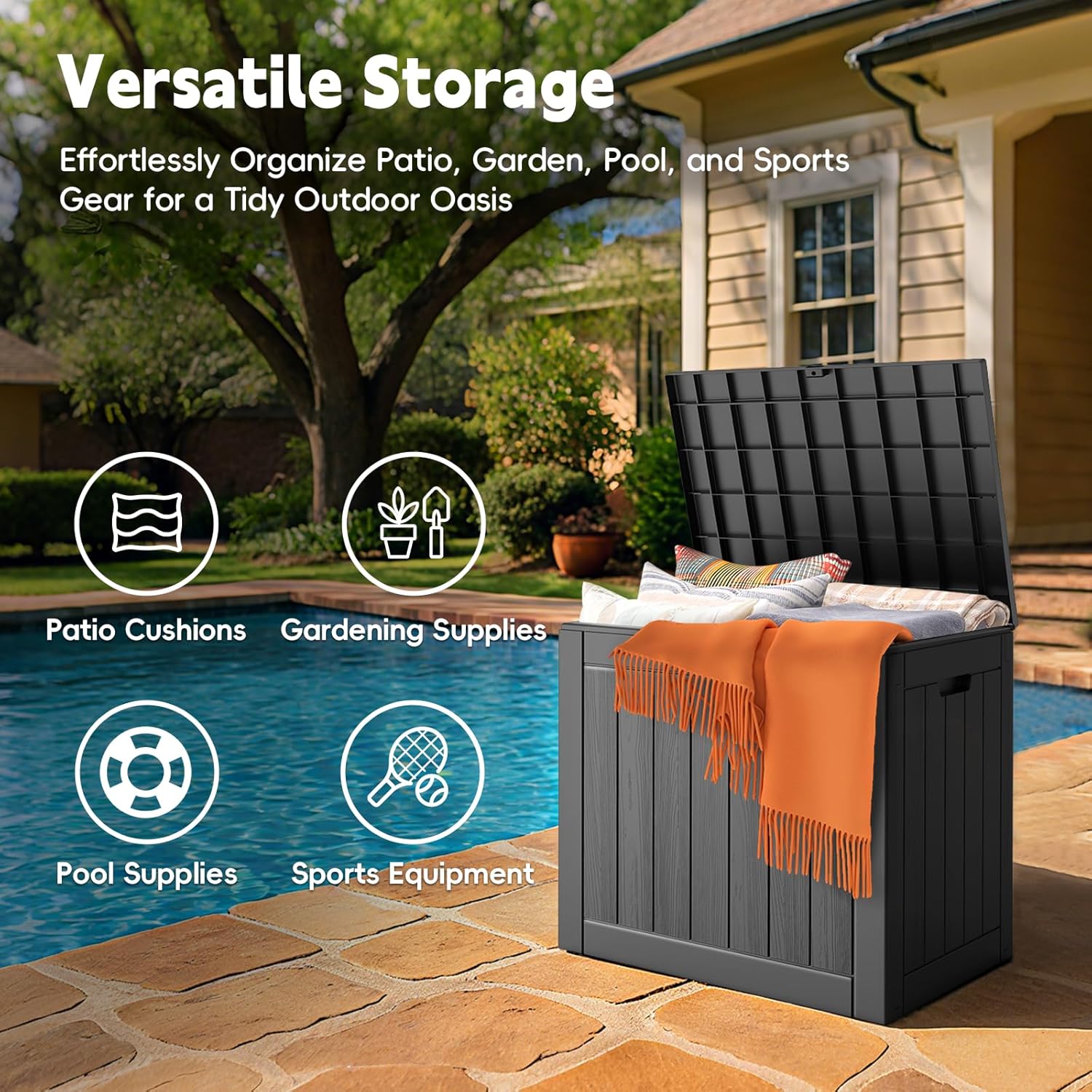 Outdoor Storage Box, 31 Gallon Waterproof Resin Deck Box, Storage Bin for Package Delivery, Patio Furniture Cushion, Garden Tools, Pool Accessories, Weatherproof and UV Resistant, Black-VerdiqueGarden