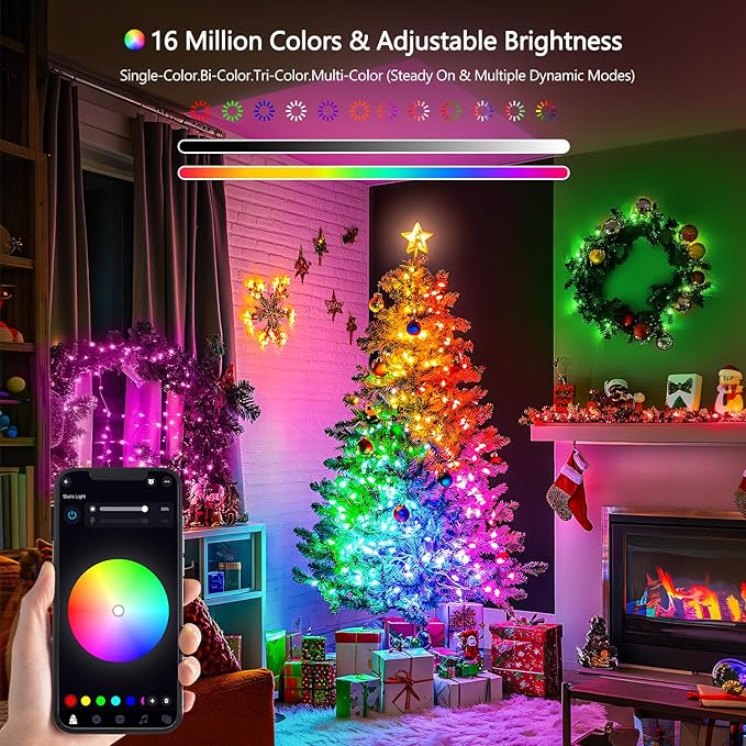 JMEXSUSS 100 LED RGB Christmas Tree Lights Indoor, 33ft Smart Color Changing Christmas Lights Outdoor with Remote & APP, Clear Wire Christmas Lights Plug in for Bedroom Tree Room Party Birthday-VerdiqueGarden