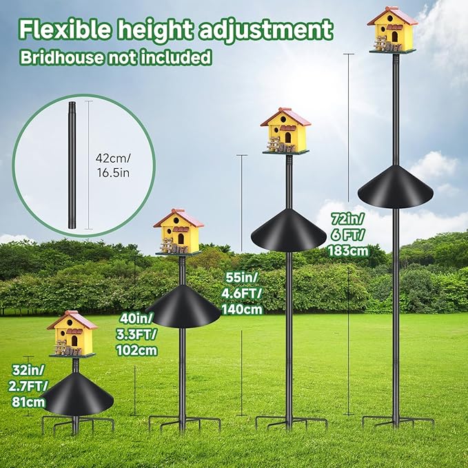 Smart Bird Feeder Pole Stand 79In,Adjustable Height Metal Bird House Pole for Outdoor Garden with Multiple Mounting Options (Black, Round Squirrel Baffle - High 79in)-VerdiqueGarden