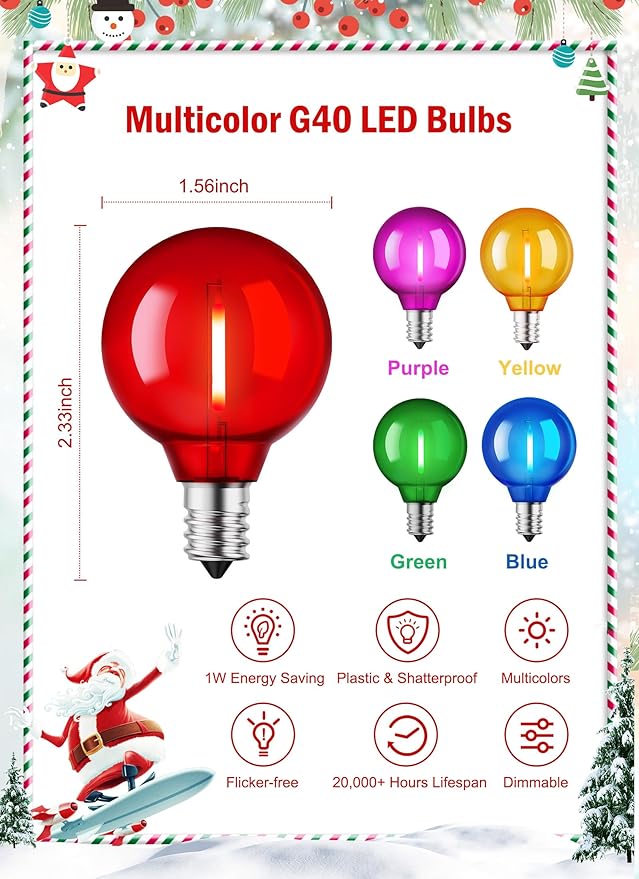 Brightown 50 Pack Multicolor G40 LED Christmas Replacement Light Bulbs, UL Listed, 1 Watt E12/C7 Candelabra Base Plastic Shatterproof LED Globe Edison Bulbs, Easily Screw in Strings Spools Strands-VerdiqueGarden