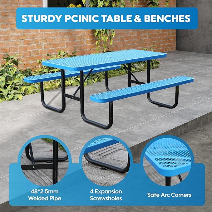 6FT Metal Picnic Tables for Outdoors, Commercial Rectangular Picnic Table and Bench Set for Outside, Patio, Garden, Backyard, Porch, Surface Mount, Blue-VerdiqueGarden
