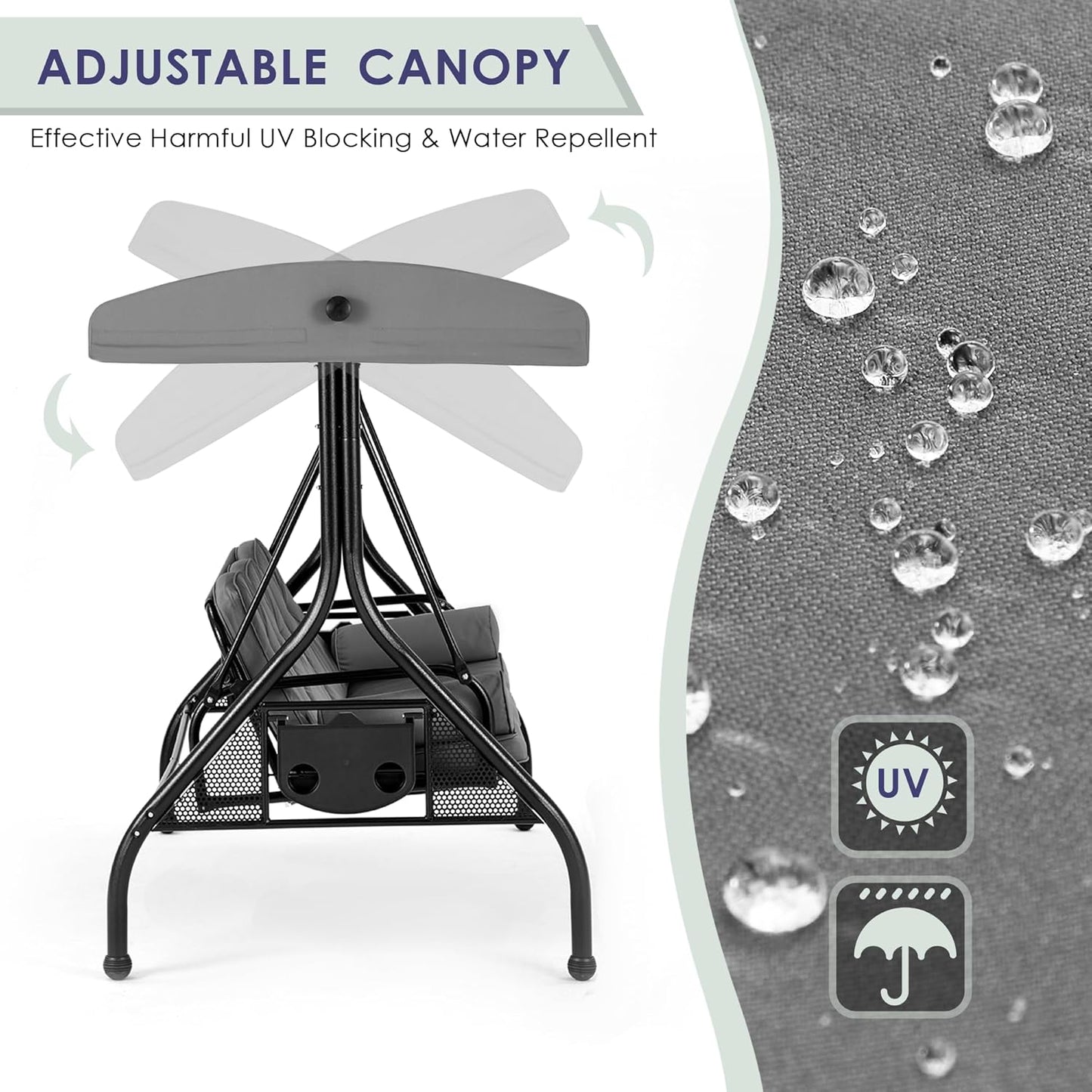 HOMREST 3 Seat Outdoor Porch Swing with 1.5" Deep Cup Holder, Adjustable Canopy,Patio Swing Bed with Stand, Patio Glider Swing with Thicken Cushions, Pillow（Grey）-VerdiqueGarden