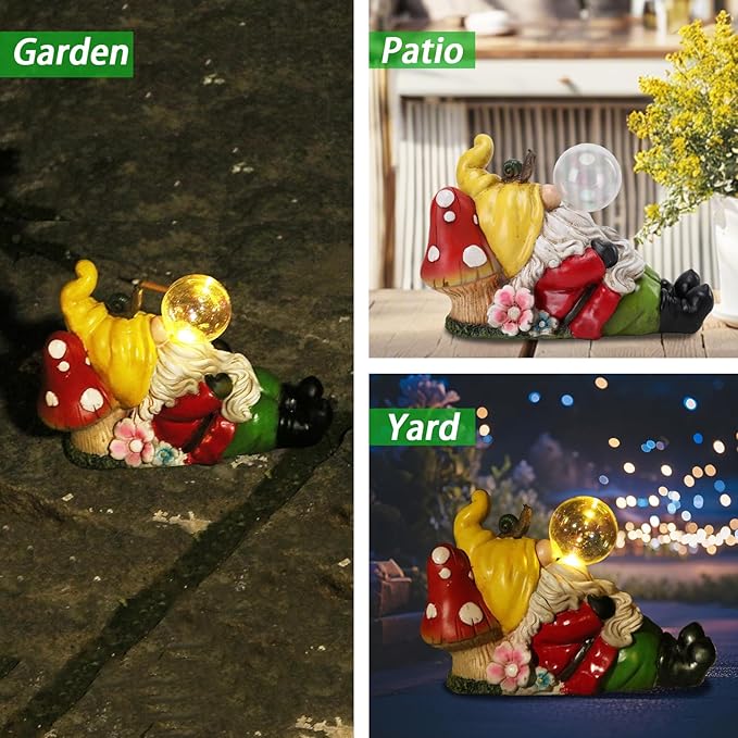 Garden Gnome Statue Outdoor Decor, Funny Gnome Figurine Lying on Mushroom with Crackle Globe Lights, Waterproof Resin Sculptures Lawn Ornament Tabletop Decorations for Porch Yard Decor-VerdiqueGarden