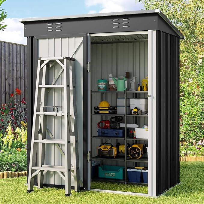 Gizoon 5 'x 3'Outdoor Storage Shed with Singe Lockable Door,Galvanized Metal Shed with Air Vent Suitable for The Garden,Tiny House Storage Sheds Outdoor for Backyard Patio Lawn-Dark Gray-VerdiqueGarden