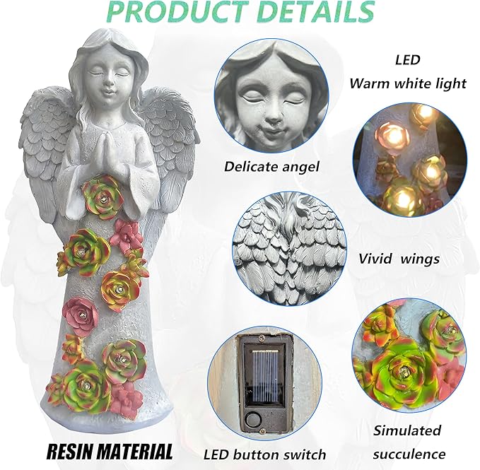 Angel Solar Garden Outdoor Statues with Succulent Plants and 6 LED Lights– Outside Solar Garden Decor Figurines -Remembrance & Sympathy Gifts Decorations-VerdiqueGarden