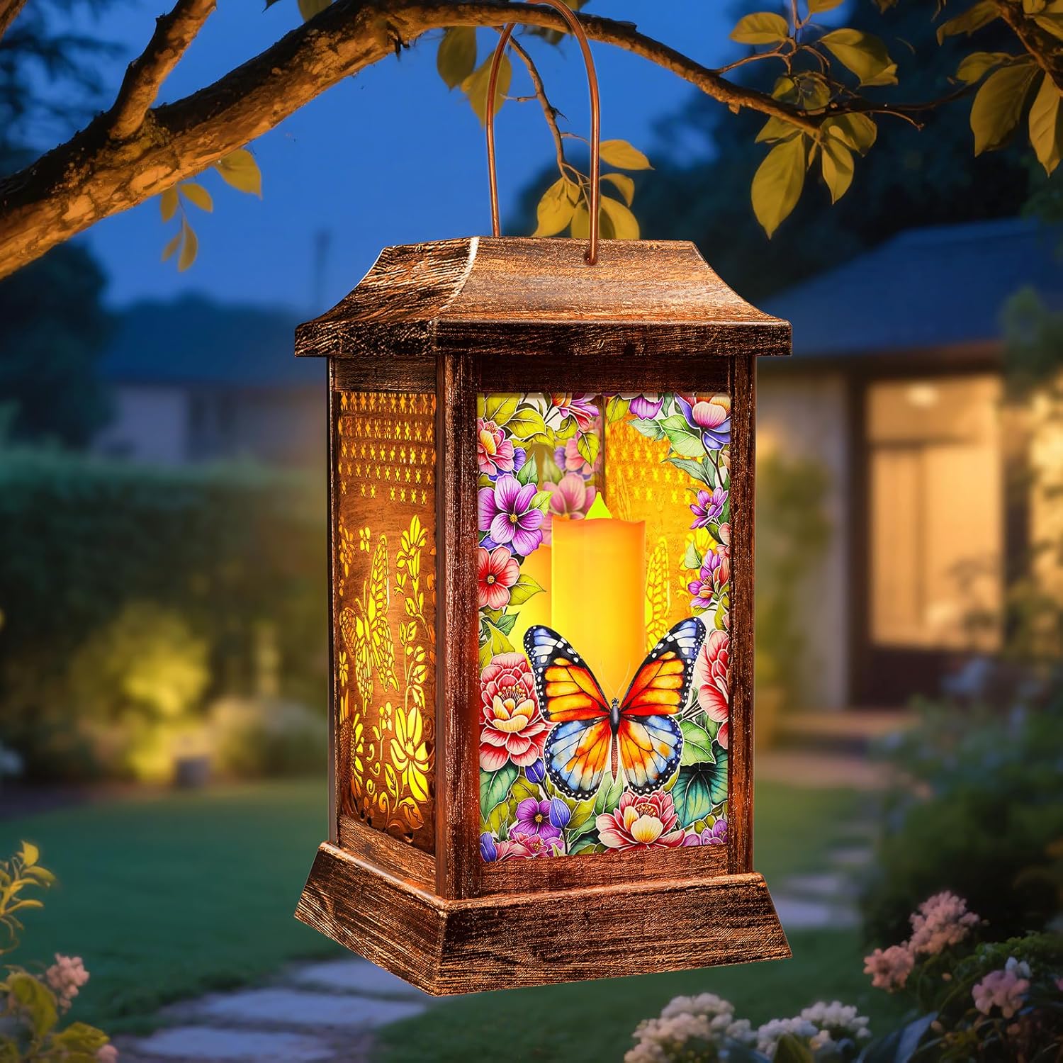 Butterfly Solar Lanterns Outdoor Waterproof, Metal & Glass Hanging Lights Garden Decor, Birthday Gifts for Women Mom Grandma Mothers Day, Decorative Lights for Outside Yard Patio Backyard Porch-VerdiqueGarden