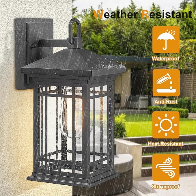 Outdoor Porch Lights Wall Mount, 12.4 Inch Outdoor Wall Lantern With E26 Sockets & Seeded Glass, Classic Exterior Lighting Fixtures, Waterproof Porch Light Fixtures For Garage (Bulbs Not Include)-VerdiqueGarden